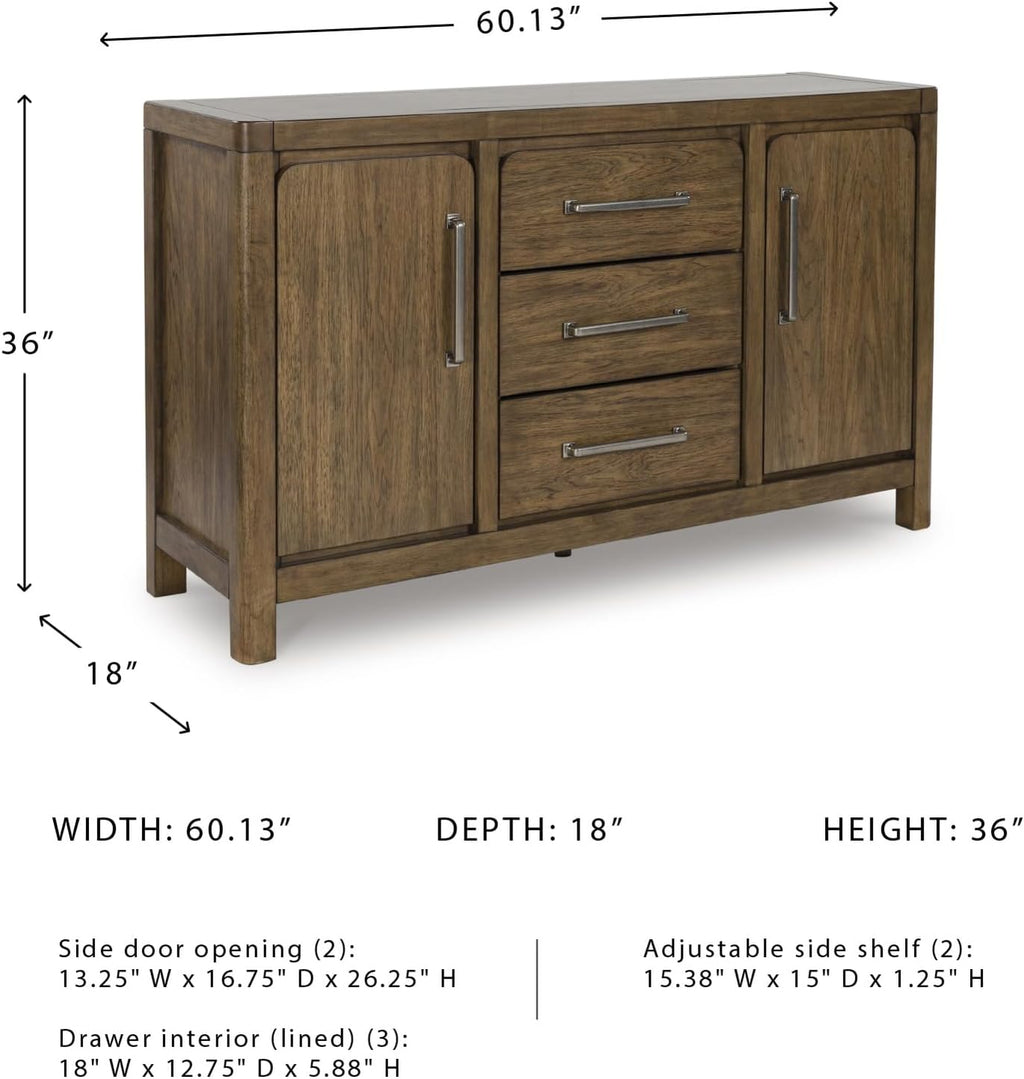 Signature Design by Ashley Cabalynn Farmhouse Glazed 2-Door Dining Server with Adjustable Shelves and 3 Drawers, Light Brown