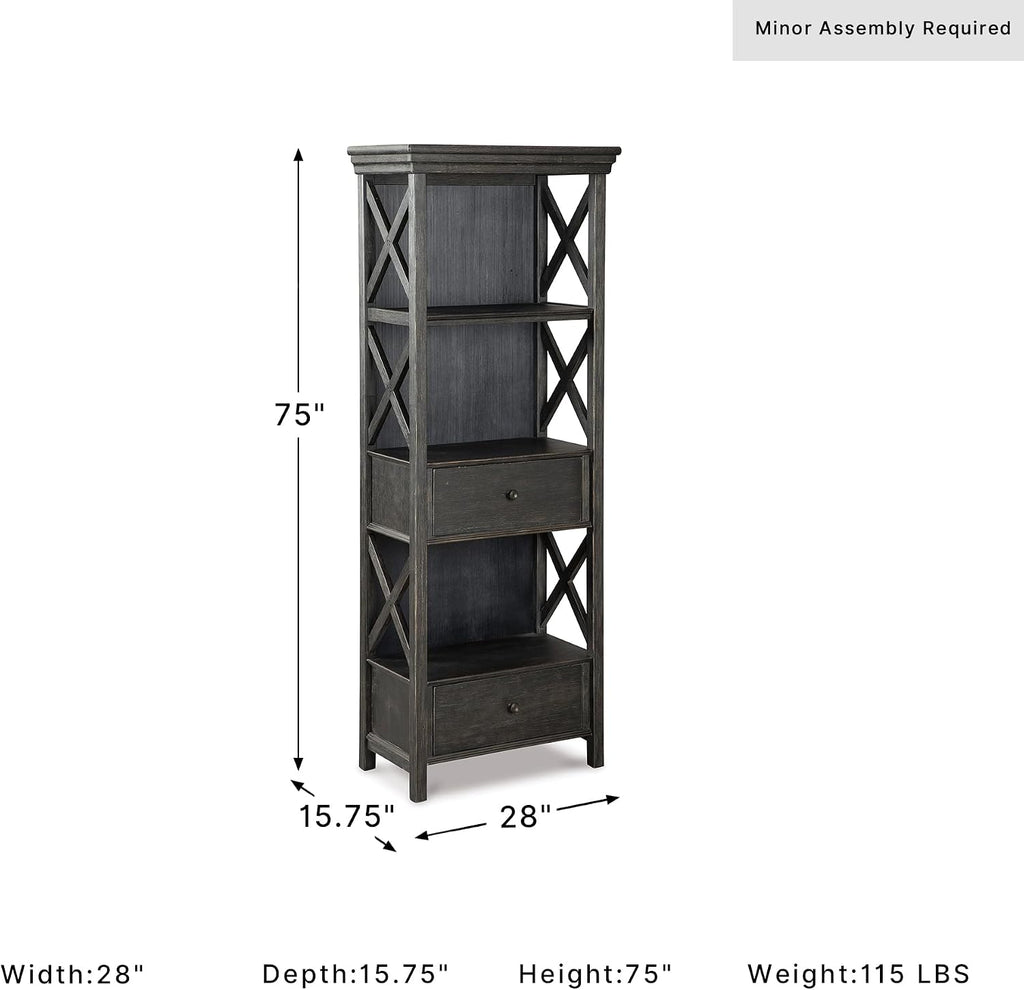 Signature Design by Ashley Tyler Creek Casual Farmhouse 75" Display Cabinet or Bookcase with Drawers and Shelf, Open Lattice Sides, Wood, Gray Black Finish