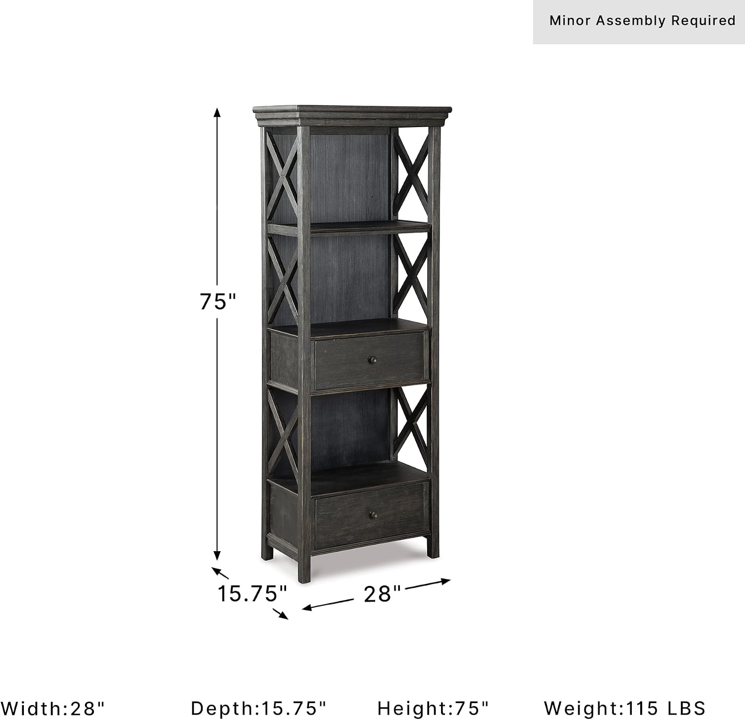Signature Design by Ashley Tyler Creek Casual Farmhouse 75" Display Cabinet or Bookcase with Drawers and Shelf, Open Lattice Sides, Wood, Gray Black Finish