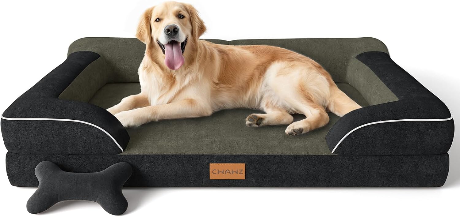CWAWZ Extra Large Dog Bed, Orthopedic Dog Bed with Cooling Gel Memory Foam, Waterproof XL Pet Bed with Removable Washable Cover, 42" Pet Sofa Couch Dutch Velvet with Bone Toy, Light Gray