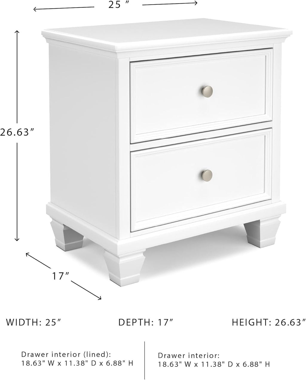 Signature Design by Ashley Fortman White Nightstand, 2 Drawer Storage, Hardwood Solids and MDF Construction, Traditional Wood Bedside Table, 25" W
