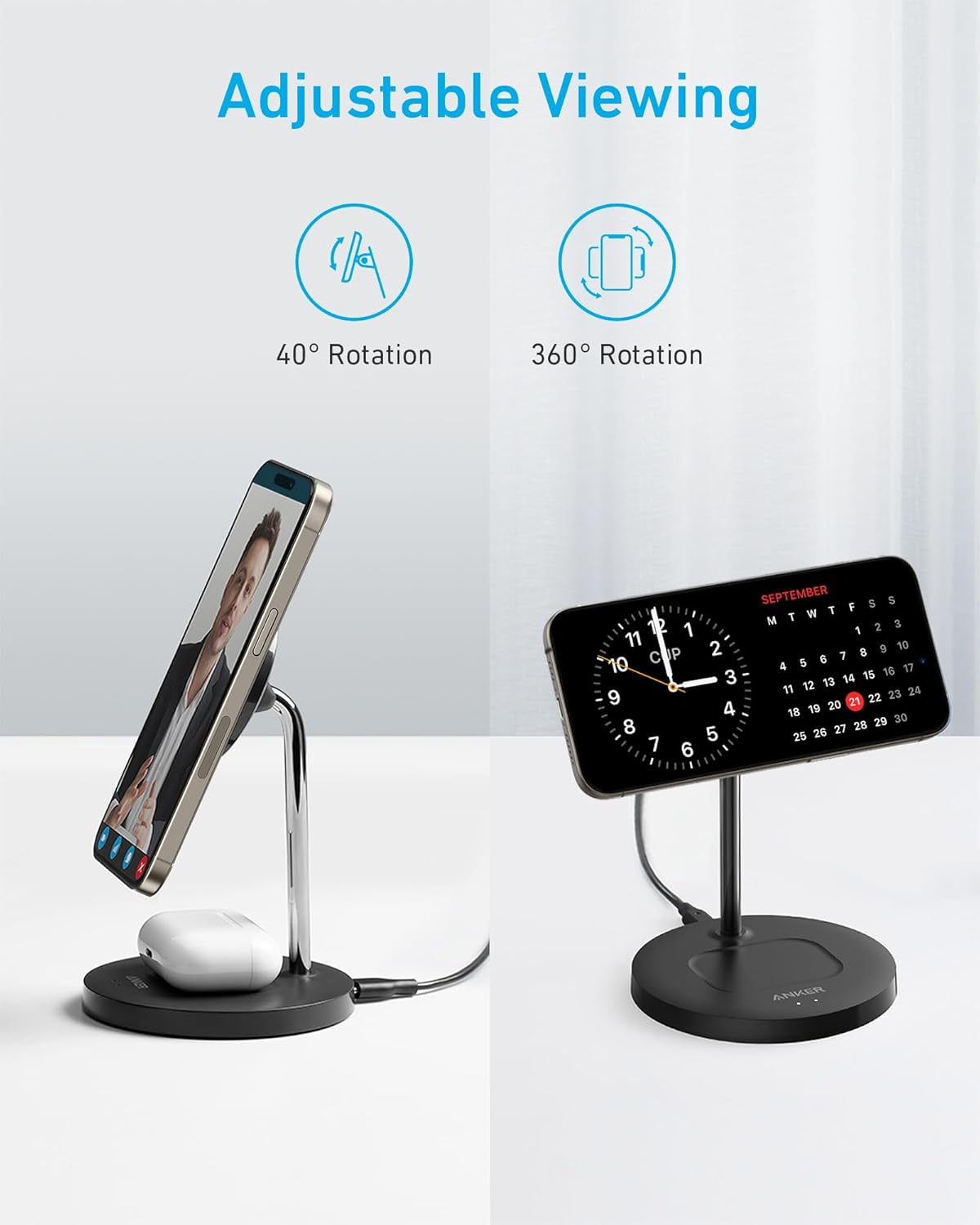 Anker iPhone 16 Wireless Charging Stand, PowerWave 2-in-1 Magnetic Stand Lite with USB-C Cable, for iPhone 16/16 Pro/16 Plus/16 Pro Max/15/14/13 Series, AirPods 2/Pro (No AC Adapter)