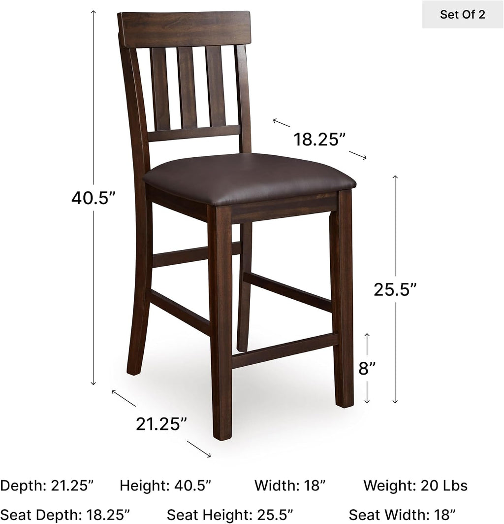 Signature Design by Ashley Haddigan Upholstered Barstool, 2 Count, Slat Back Design, Cushioned Seat, Wood, 25.5" H, Dark Brown