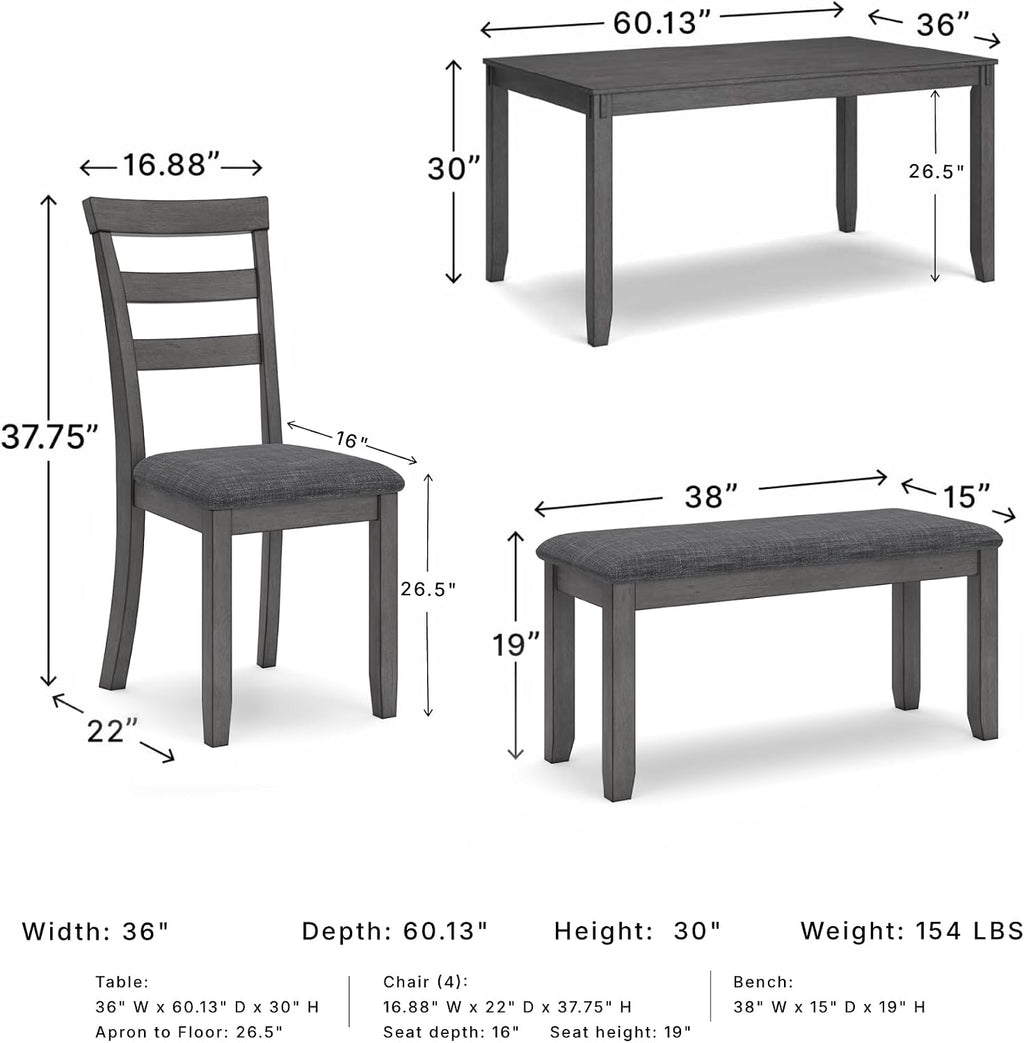 Signature Design by Ashley Bridson Dining Table Set For 6 With Bench, Wood 6‑Piece Kitchen Table And Chairs With Upholstered Seats, Transitional Charcoal Gray Dining Room Collection For Family Meals