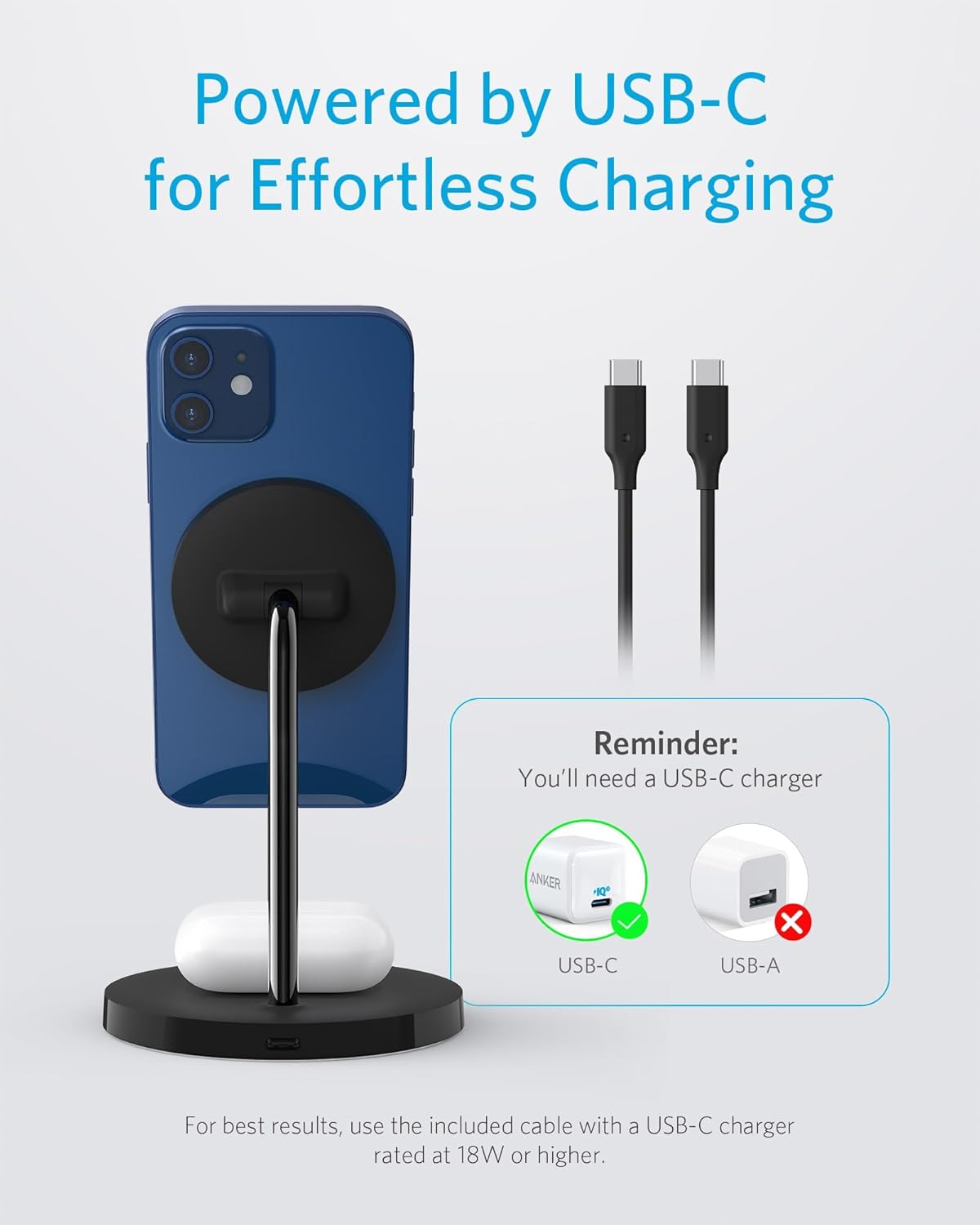 Anker iPhone 16 Wireless Charging Stand, PowerWave 2-in-1 Magnetic Stand Lite with USB-C Cable, for iPhone 16/16 Pro/16 Plus/16 Pro Max/15/14/13 Series, AirPods 2/Pro (No AC Adapter)
