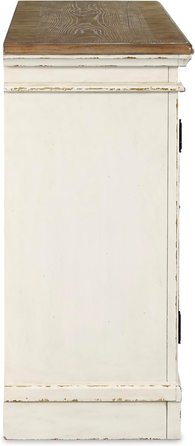 Signature Design by Ashley Realyn French Country Distressed Dining Room Server, 3 Drawers, 2 Cabinet Doors, Wood, 59" W x 17" D x 36.5" H, Chipped White
