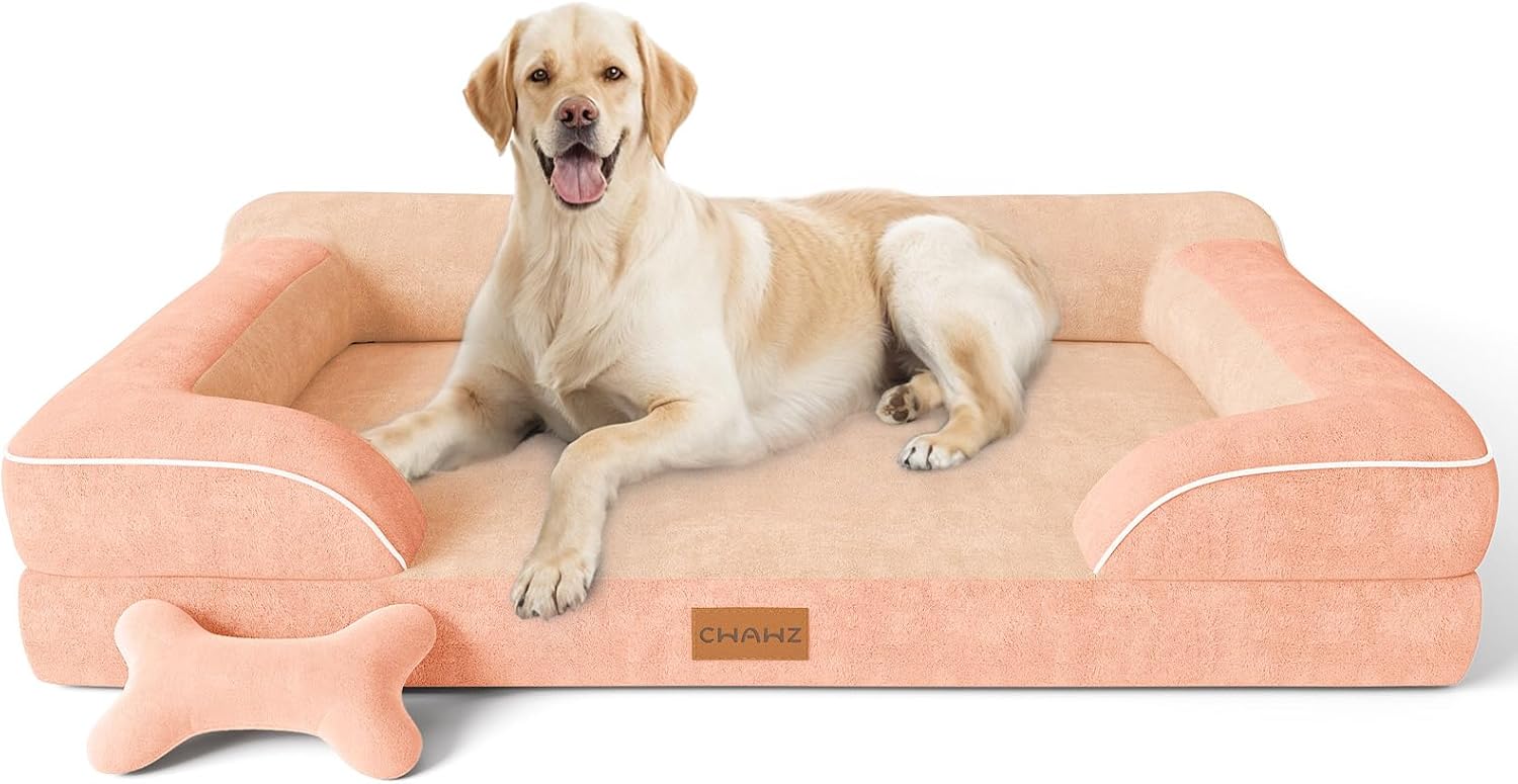 CWAWZ Extra Large Dog Bed, Orthopedic Dog Bed with Cooling Gel Memory Foam, Waterproof XL Pet Bed with Removable Washable Cover, 42" Pet Sofa Couch Dutch Velvet with Bone Toy, Light Gray