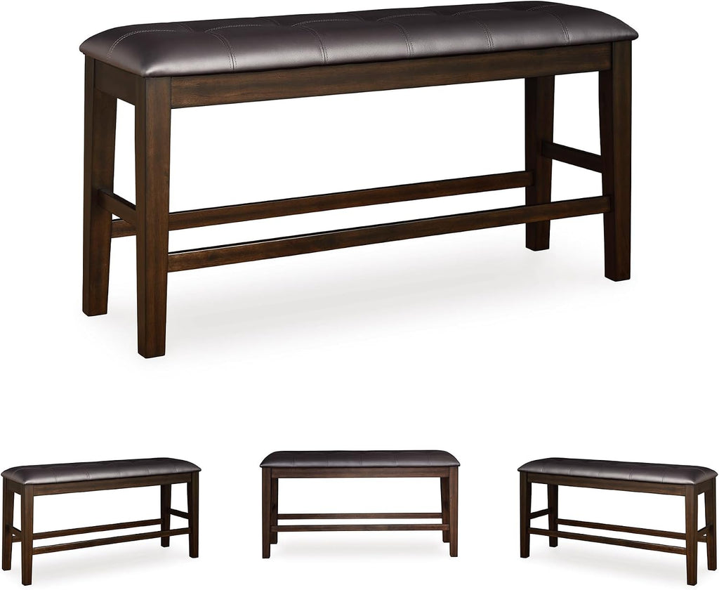 Signature Design by Ashley Haddigan Casual Tufted Faux Leather Upholstered Counter Height Dining Bench with Oak Finish, Dark Brown