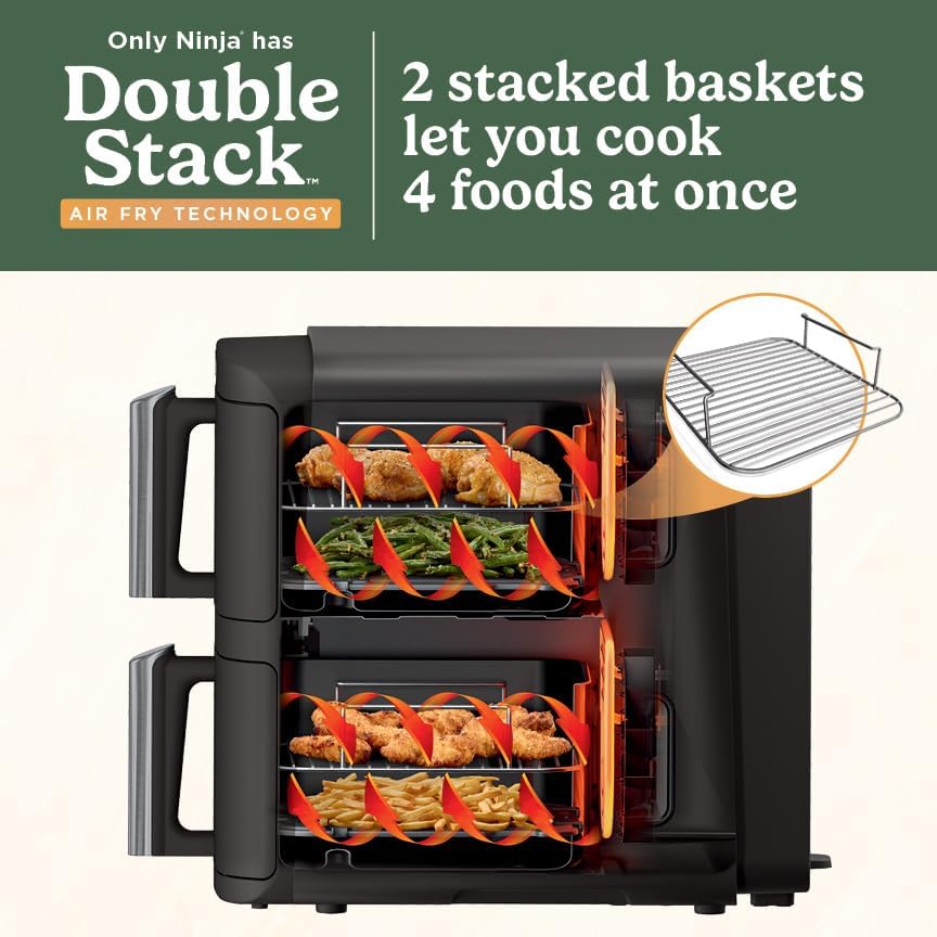 Ninja Air Fryer, 8 QT DoubleStack 2-Basket, Space Saving Design, Cooks 2lb Chicken Wings, Feeds up to 6 People, 6-in1 Air Fryer, Roast, Bake & More, Easy to Clean, Dishwasher Safe Parts, Black, SL201