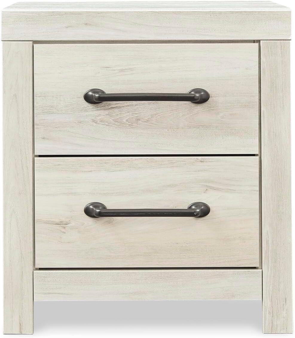 Signature Design by Ashley Cambeck Farmhouse Industrial 2 Drawer Two Drawer Nightstand with 2 Slim-Profile USB Charging Stations, 24.37" Tall, Whitewash