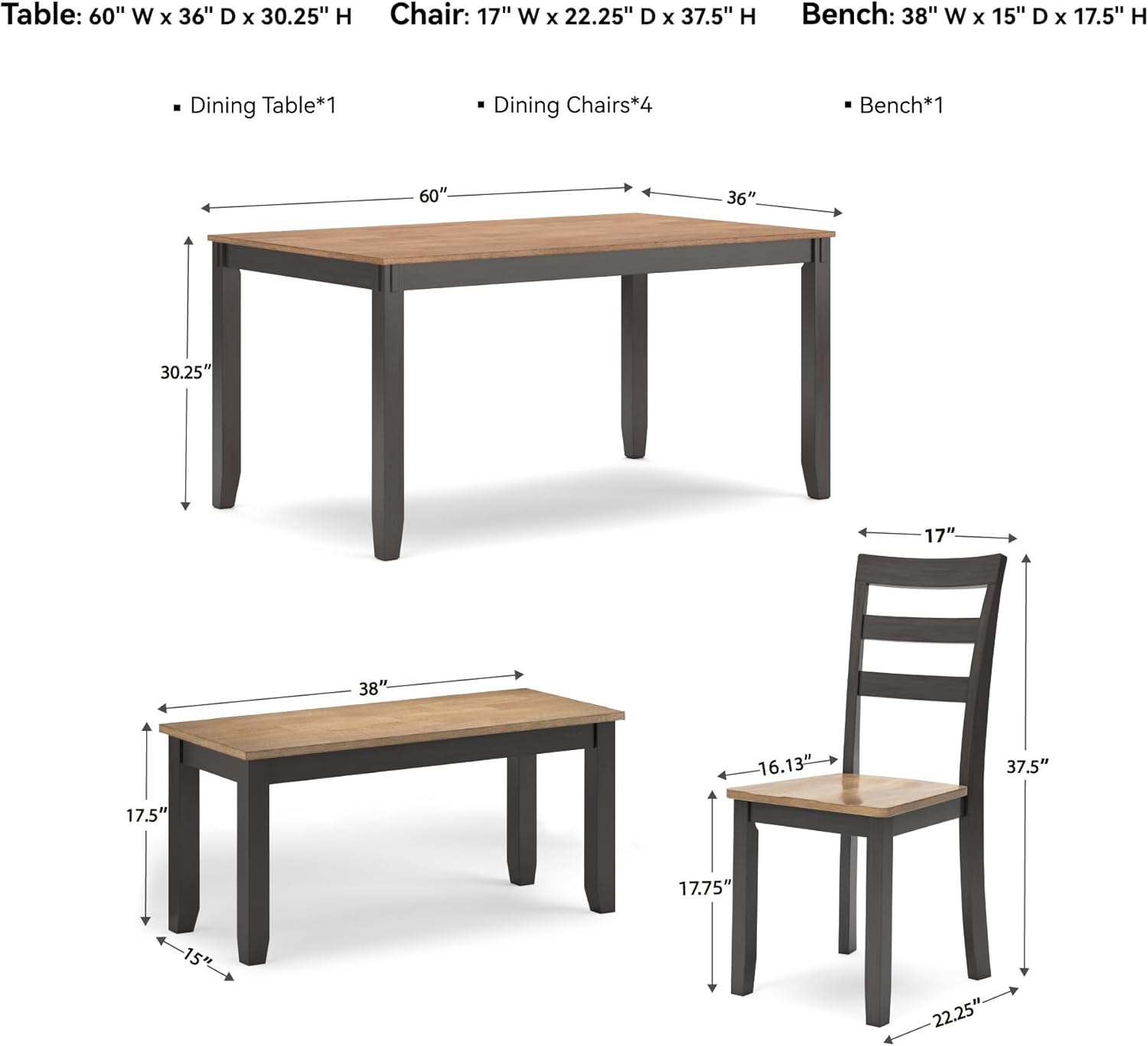 Signature Design by Ashley Gesthaven Casual Dining Table, Bench and 4 Ladderback Chairs, Seats 6, Wood, 36" W x 60" D x 30.25" H, Light Brown & Dark Brown