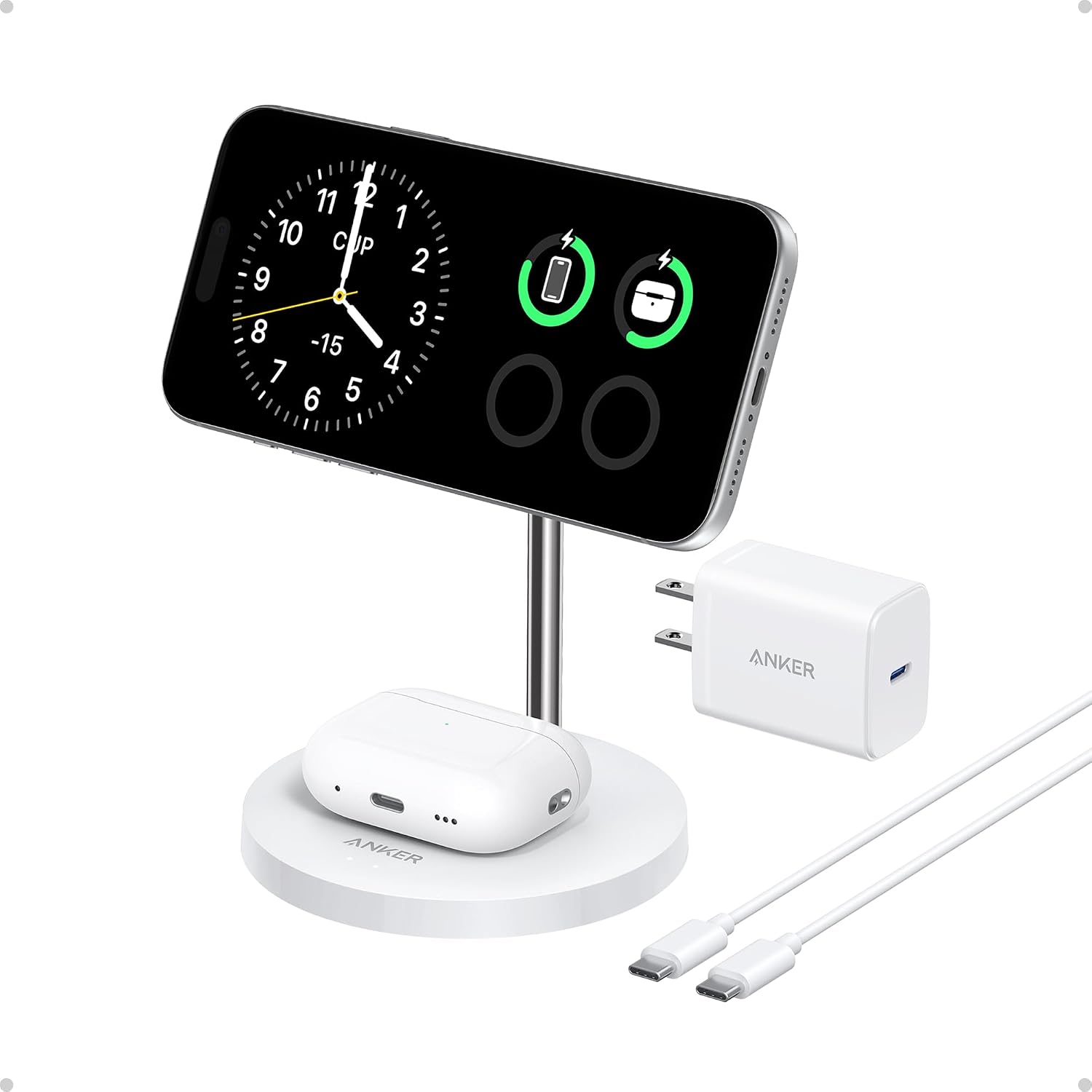 Anker MagGo 2-in-1 MagSafe Compatible Qi2 15W Wireless Charging Stand | Qi2 Certified, Fast Charging, Wireless Charger for iPhone 17, AirPods Pro, and More (White, 40W Adapter Included)