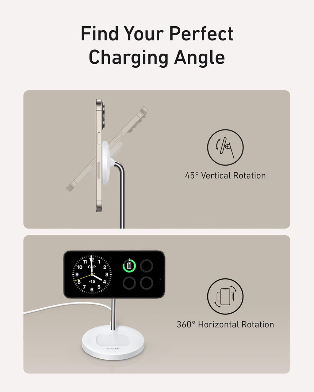 Anker MagGo 2-in-1 MagSafe Compatible Qi2 15W Wireless Charging Stand | Qi2 Certified, Fast Charging, Wireless Charger for iPhone 17, AirPods Pro, and More (White, 40W Adapter Included)