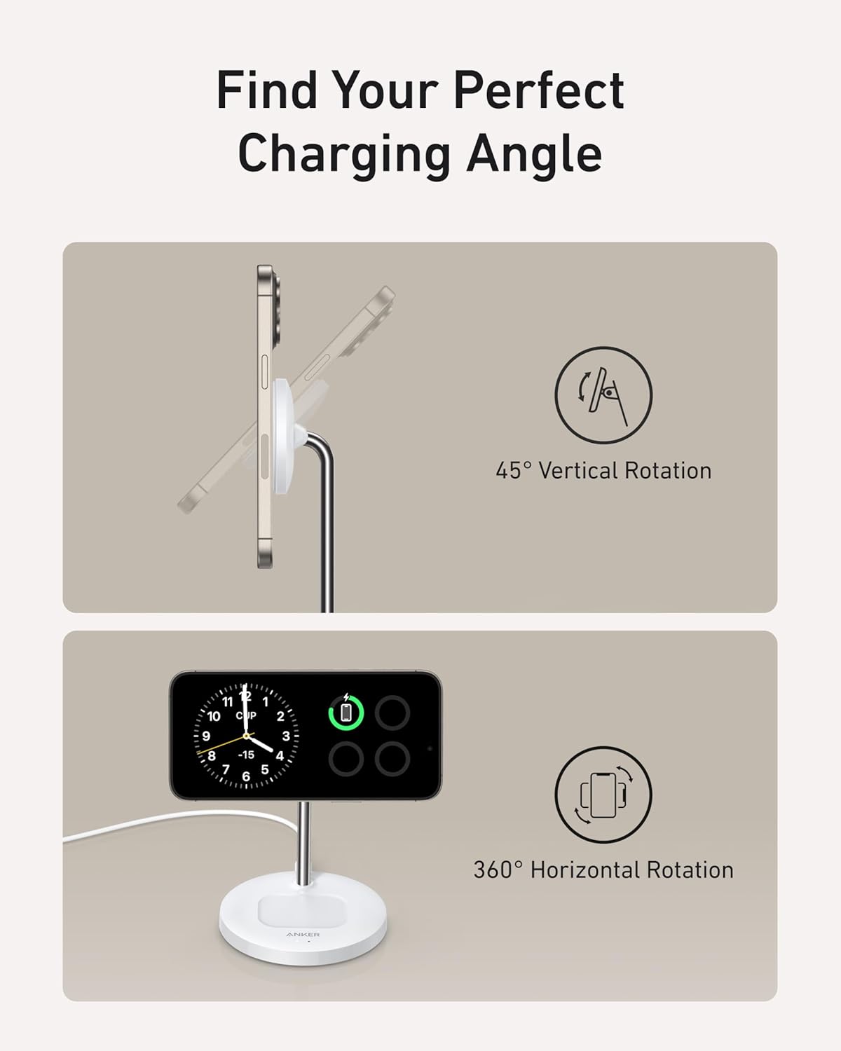 Anker MagGo 2-in-1 MagSafe Compatible Qi2 15W Wireless Charging Stand | Qi2 Certified, Fast Charging, Wireless Charger for iPhone 17, AirPods Pro, and More (White, 40W Adapter Included)