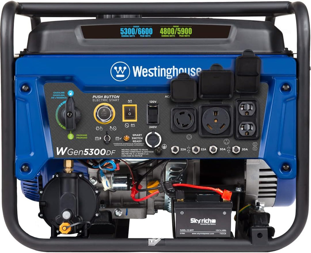 Westinghouse WGen5300DF Dual Fuel Home Backup Portable Generator, 6600 Watts, Remote Electric Start with Auto Choke, Transfer Switch Ready, RV Ready