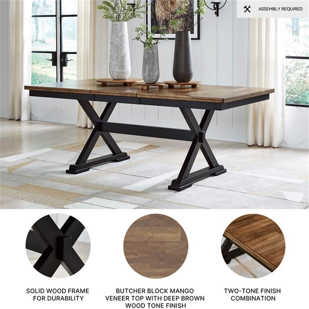 Signature Design by Ashley Wildenauer Dining Extension Table, 18" Self-Storing Butterfly Leaf, Hardwood Solids, Mango Veneer & MDF Substrate, Seats 6 to 8 for Kitchens, Black & Dark Brown, 78"