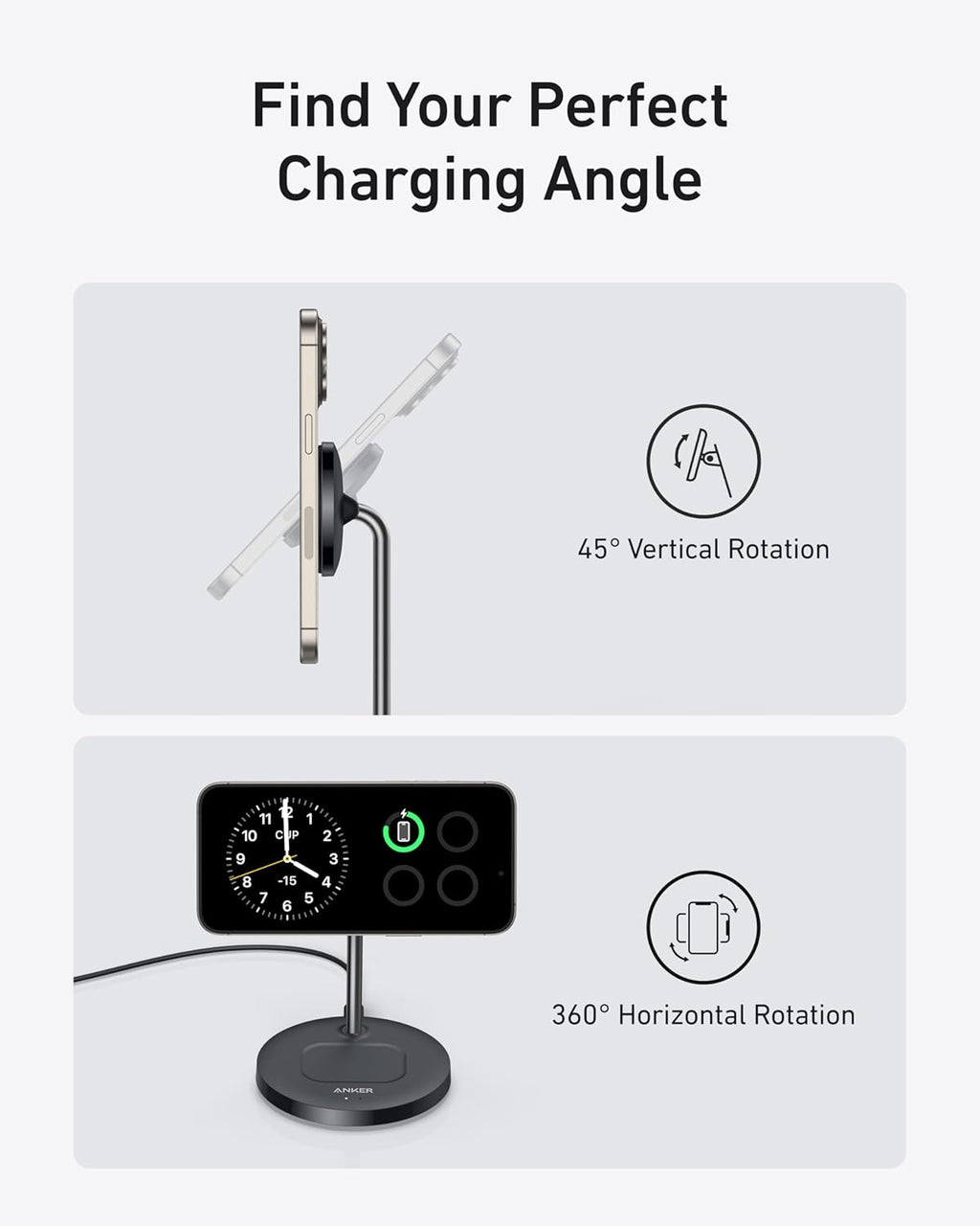 Anker MagGo 2-in-1 MagSafe Compatible Qi2 15W Wireless Charging Stand | Qi2 Certified, Fast Charging, Wireless Charger for iPhone 17, AirPods Pro, and More (Black, Adapter Not Included)