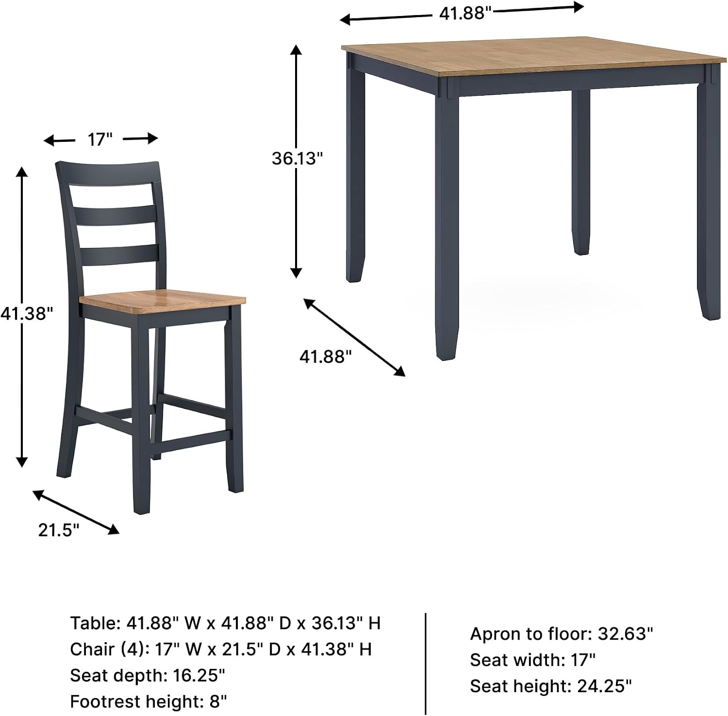 Signature Design by Ashley Gesthaven Counter Height Dining Table Set 4 Bar Stools, Butcher Block Veneer Top, Natural Mango Wood and Dark Slate Blue, 41.88" Square