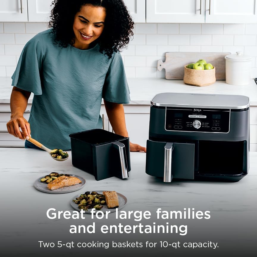 Ninja DZ401 Foodi 10 Quart 6-in-1 DualZone XL 2-Basket Air Fryer with 2 Independent Frying Baskets, Match Cook & Smart Finish to Roast, Broil, Dehydrate for Quick, Easy Family-Sized Meals, Grey