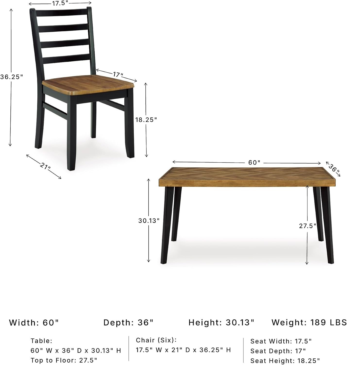 Signature Design by Ashley Blondon Rectangular Dining Room Table Set with 6 Chairs, Chevron Pattern, Tapered Legs, Seats 6, Wood, 60" Long, Brown & Black