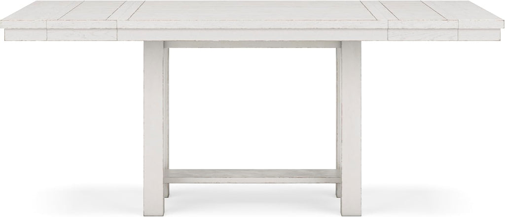 Signature Design by Ashley Robbinsdale Farmhouse Distressed Counter Height Dining Extension Table with Trestle Base, Planked Effect and 2 Removable End Leaves, White