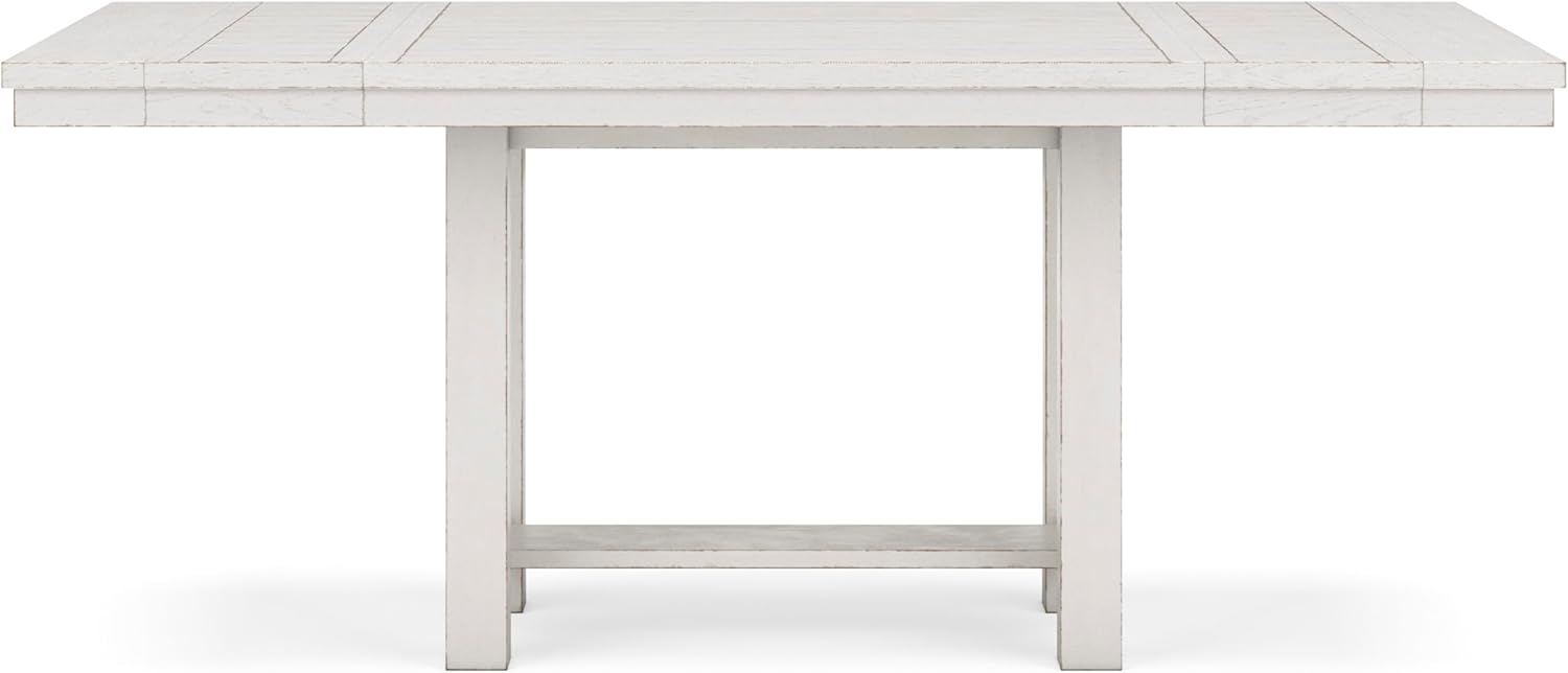 Signature Design by Ashley Robbinsdale Farmhouse Distressed Counter Height Dining Extension Table with Trestle Base, Planked Effect and 2 Removable End Leaves, White