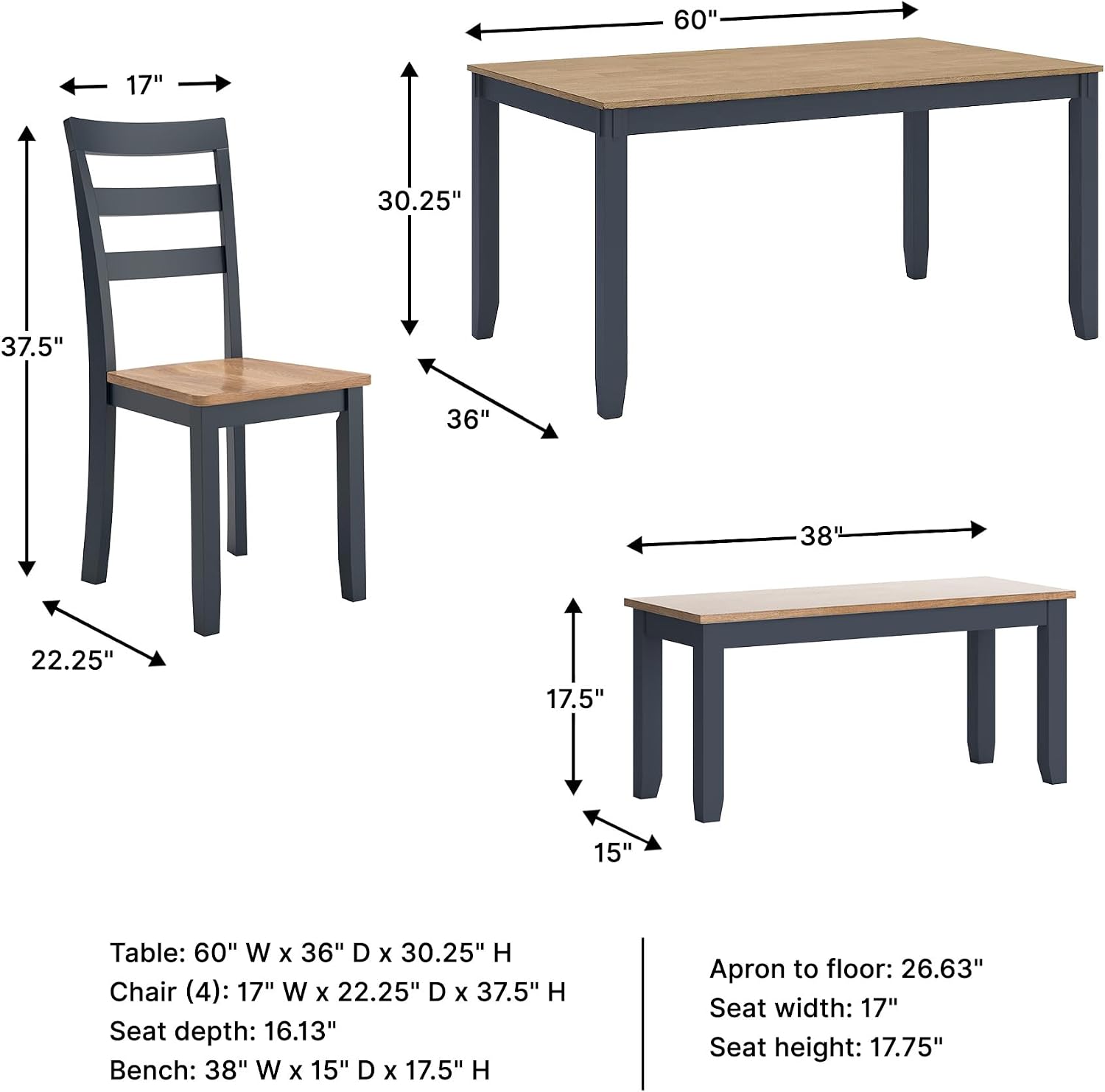Signature Design by Ashley Gesthaven Casual Dining Room Table Set with 4 Chairs and Bench, Set of 6, Mango Wood, 30.25" Table Height, Blue & Light Brown