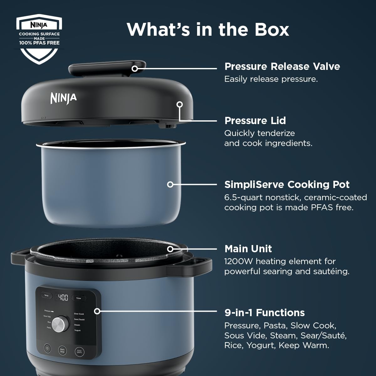 Ninja HyperHeat 9-in-1 Electric Pressure Cooker | 6.5 Qt Multi Cooker with Sear/Sauté, Slow Cooker, Rice Cooker, Sous Vide | 1200W | Fast Cooking, PFAS-Free Pot | Blue Macaron | PC201
