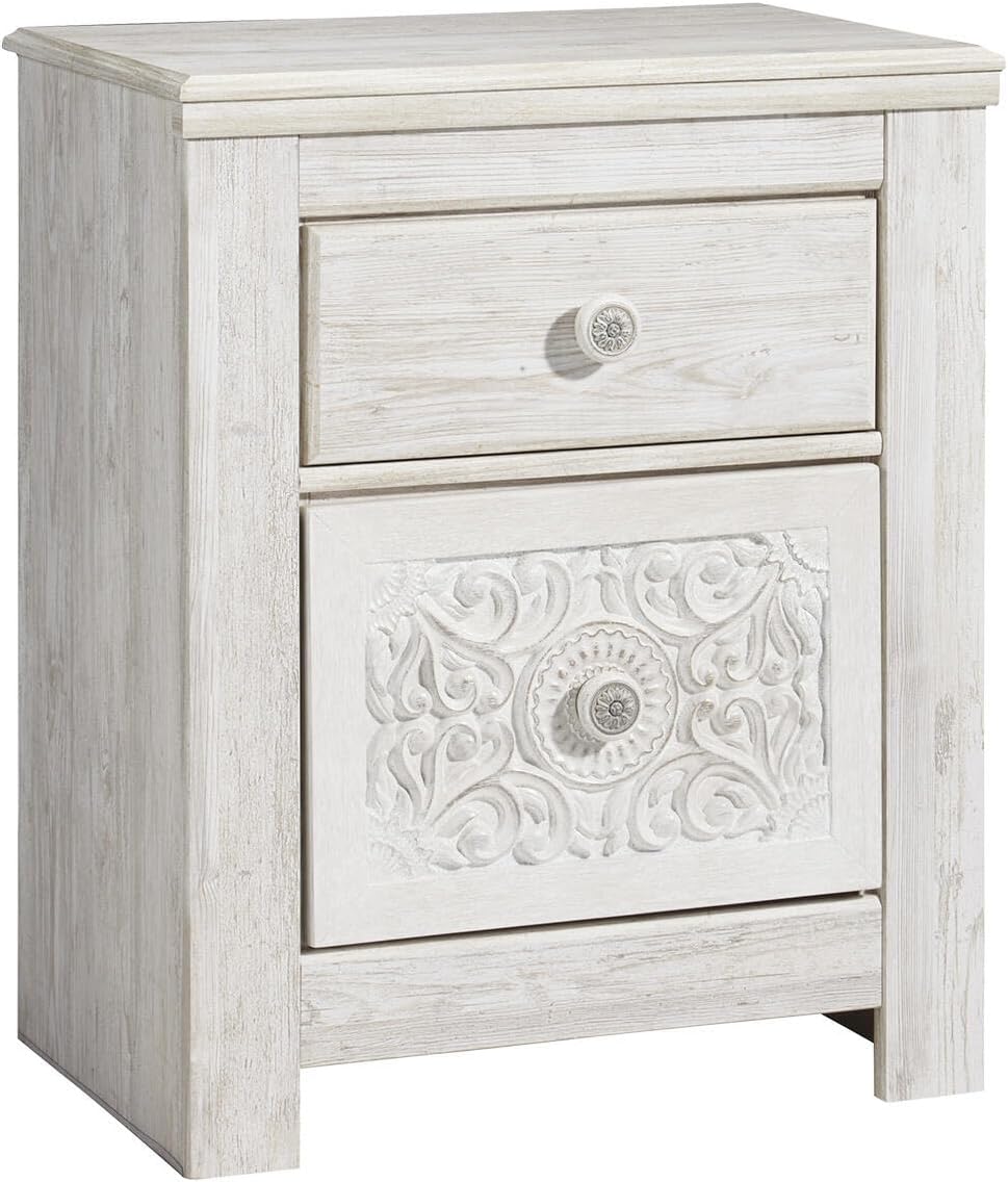 Signature Design by Ashley Paxberry Boho 2 Drawer Nightstand with 2 Slim-Profile USB Charging Ports, 29.21" Tall, Whitewash