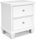 Signature Design by Ashley Fortman White Nightstand, 2 Drawer Storage, Hardwood Solids and MDF Construction, Traditional Wood Bedside Table, 25" W