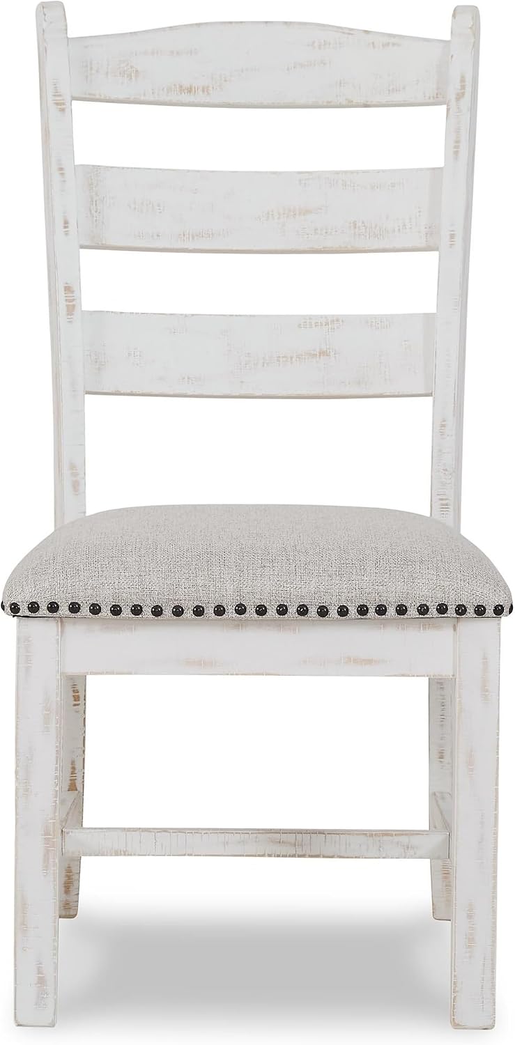 Signature Design by Ashley Valebeck Farmhouse Cushioned Dining Chair, 2 Count, Nailhead Trim, Fabric Upholstery, Solid Wood, 39" Seat Height, Whitewash