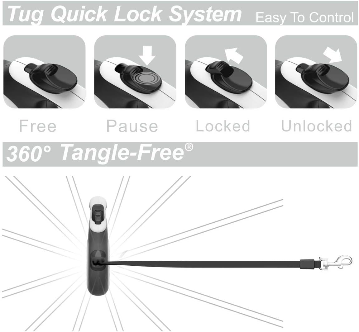 TUG 360° Tangle-Free Retractable Dog Leash | 16 ft Strong Nylon Tape | One-Handed Brake, Pause, Lock (Medium, White)