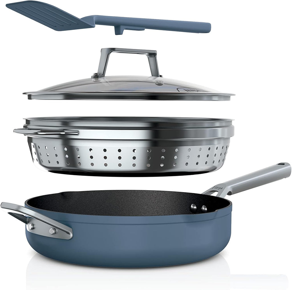 Ninja, Cookware, Steamer, Strainer Basket, Glass Lid and Spatula, Foodi NeverStick PossiblePan, Premium Set with 4-Quart Capacity Pan, Nonstick, Durable, Oven Safe Cookware, Cherry Tart, CW102BL
