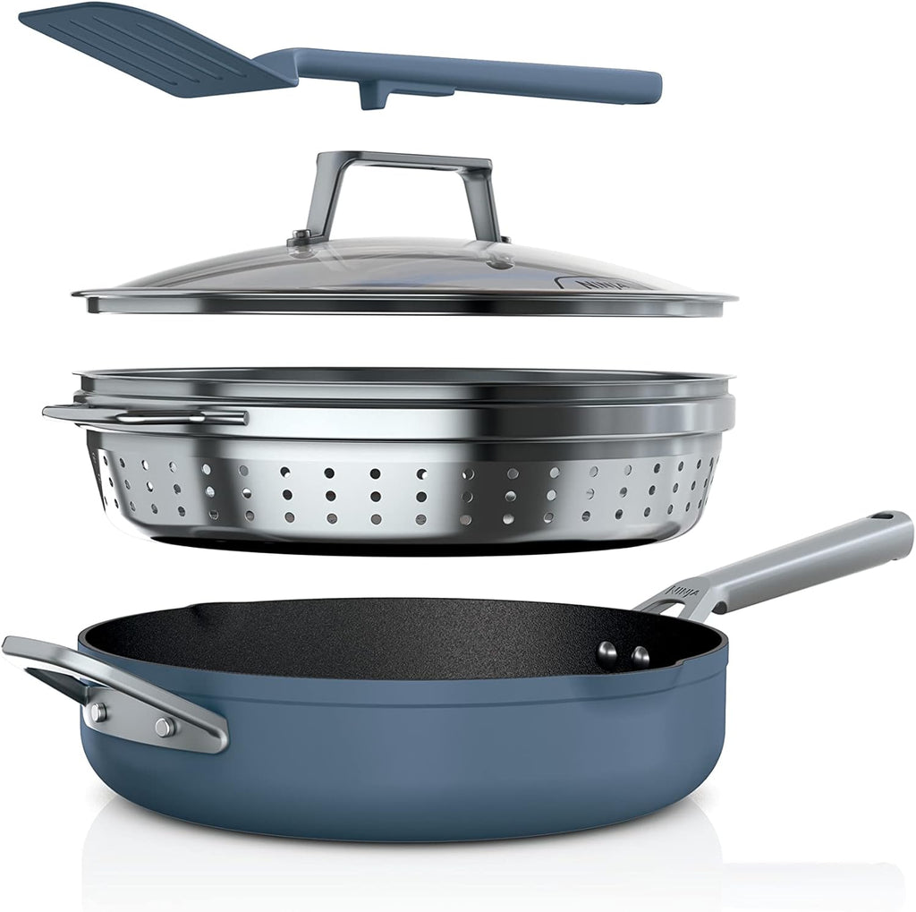 Ninja, Cookware, Steamer, Strainer Basket, Glass Lid and Spatula, Foodi NeverStick PossiblePan, Premium Set with 4-Quart Capacity Pan, Nonstick, Durable, Oven Safe Cookware, Cherry Tart, CW102BL