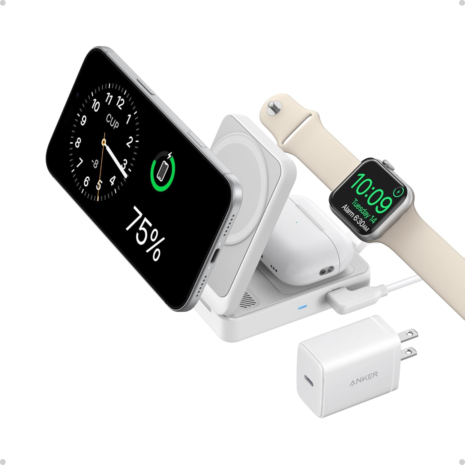 Anker MagGo 3-in-1 MagSafe Compatible Qi2 15W Foldable Charging Station | Qi2 Certified Wireless Charging Stand, for iPhone 17 / 16 / 15 / 14 Series, AirPods, Apple Watch Ultra (Adapter Included)