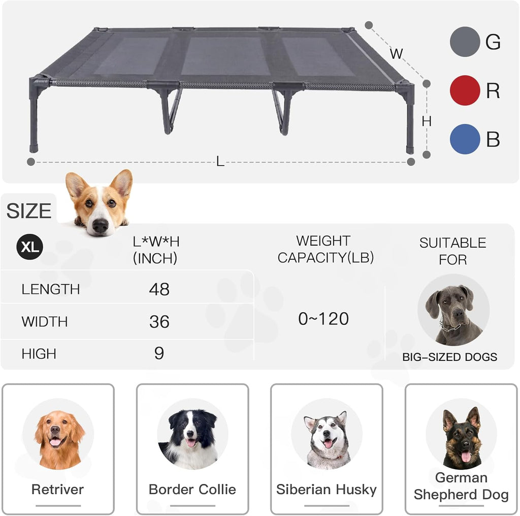 suddus Elevated Dog Bed for Large Dogs 120lb, Breathable Cooling Raised Dog Cot with Dual Support Bars & Metal Frame, No-Slip Feet, Waterproof Pet Bed for Indoor/Outdoor, X-Large, 48 * 36 * 9in, Grey