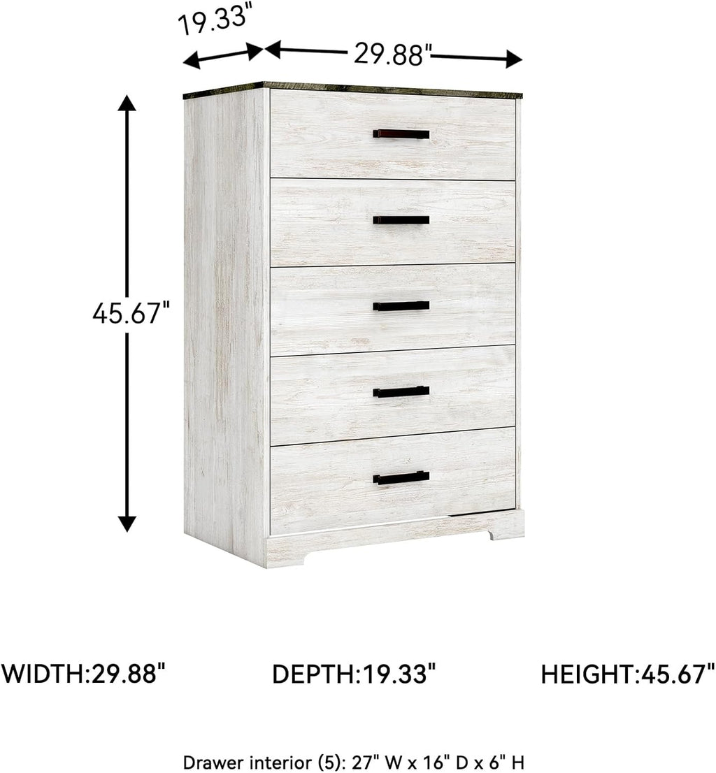 Signature Design by Ashley Shawburn Rustic 5 Drawer Chest of Smooth-Gliding Drawers and Safety Stop, White & Gray