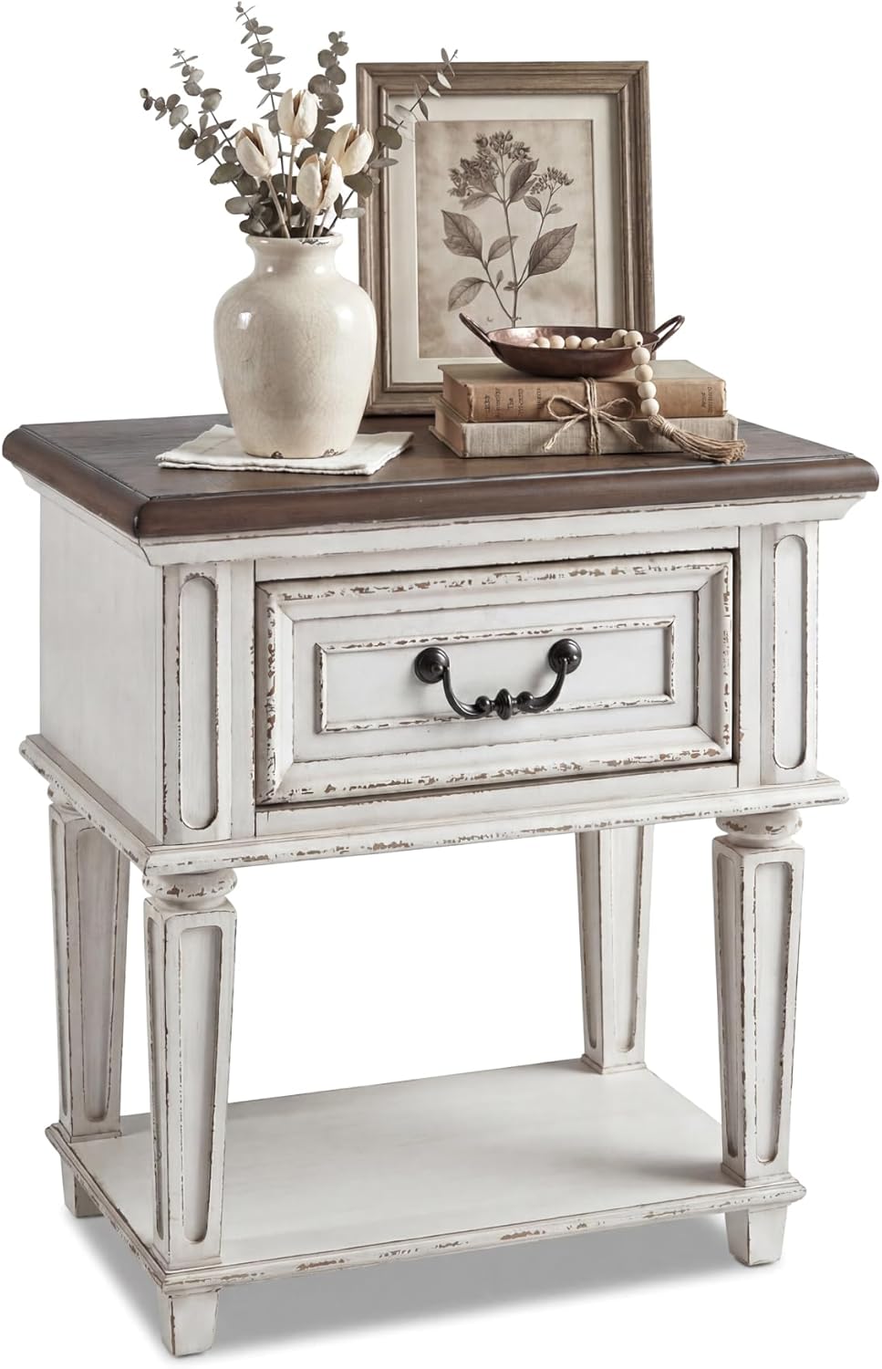 Signature Design by Ashley Realyn Traditional Cottage 1 Drawer Nightstand with Dovetail Construction & Open Display Shelf, Chipped White, 27" Tall, Distressed Brown