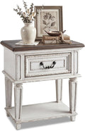 Signature Design by Ashley Realyn Traditional Cottage 1 Drawer Nightstand with Dovetail Construction & Open Display Shelf, Chipped White, 27" Tall, Distressed Brown