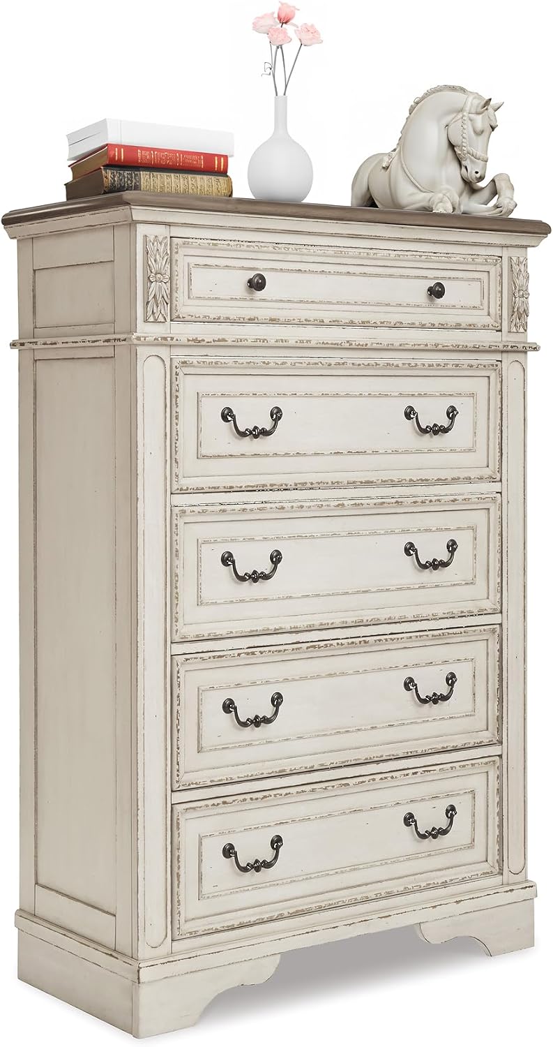 Signature Design by Ashley Realyn French Country 5 Drawer Chest, Tipover Restraint Device, 2-tone Finish, Wood, 40.13" W x 18.13" D x 58.13" H, Chipped White