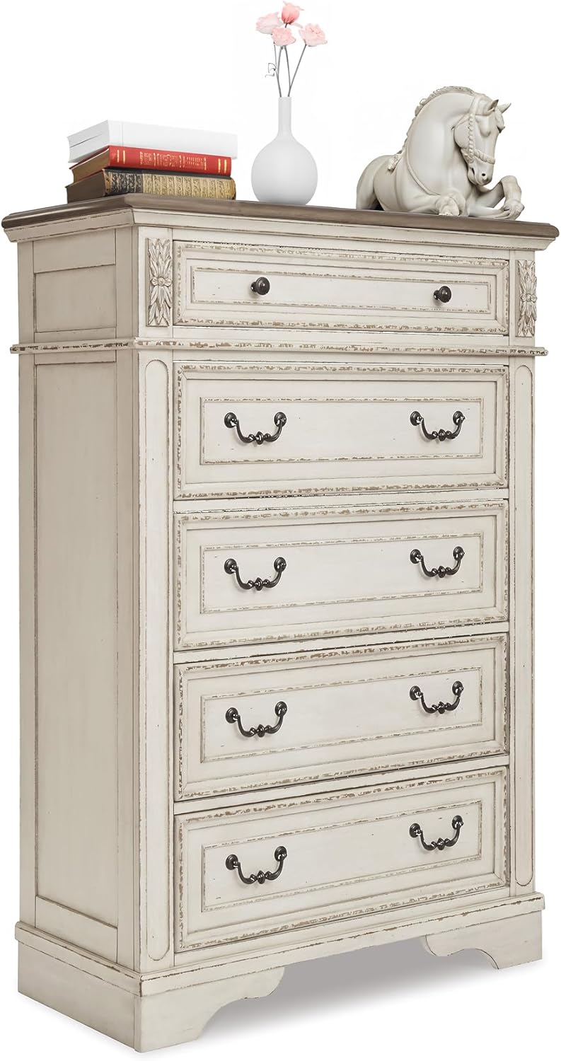 Signature Design by Ashley Realyn French Country 5 Drawer Chest, Tipover Restraint Device, 2-tone Finish, Wood, 40.13" W x 18.13" D x 58.13" H, Chipped White
