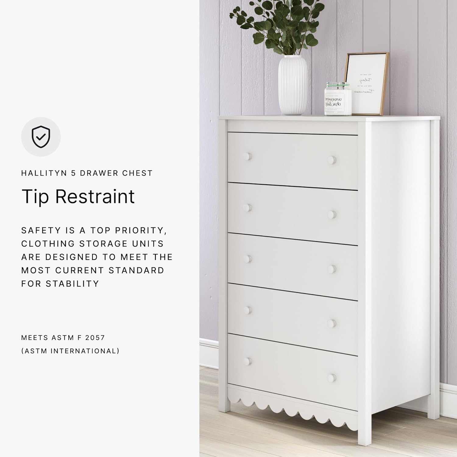 Signature Design by Ashley Hallityn Casual Coastal Chest with Five Smooth-Gliding Drawers, Meets ASTM International Safety Standards, Matte White Finish