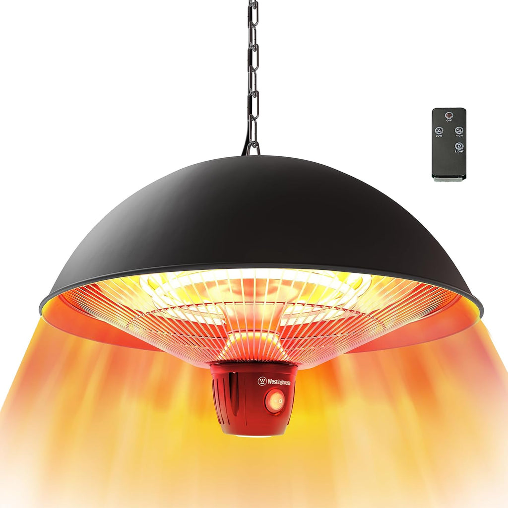 Westinghouse Outdoor Ceiling Patio Heater, Water Resistant, Adjustable Heat Output Up to 1500W, Auto Shut Off Overheat Protection, Hanging Infrared Heater for Patio Cover, Gazebo, & More - Black