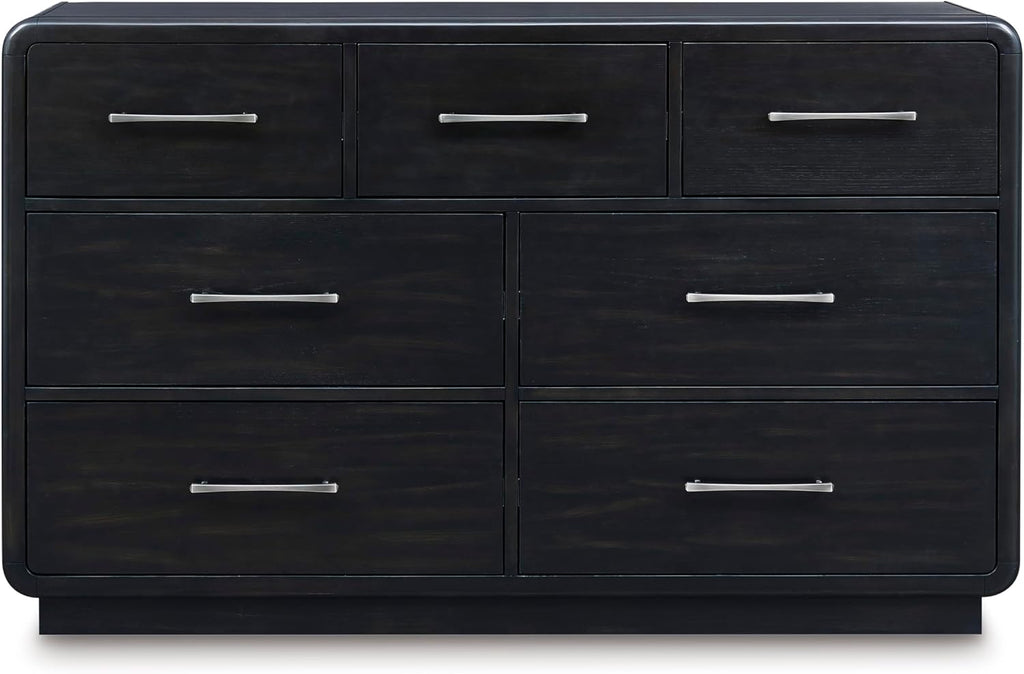 Signature Design by Ashley Rowanbeck Modern Seven-Drawer Dresser with Waterfall Edges, Nickel-Tone Hardware, Wood and Ash Veneer, Black Finish, 63.75' W