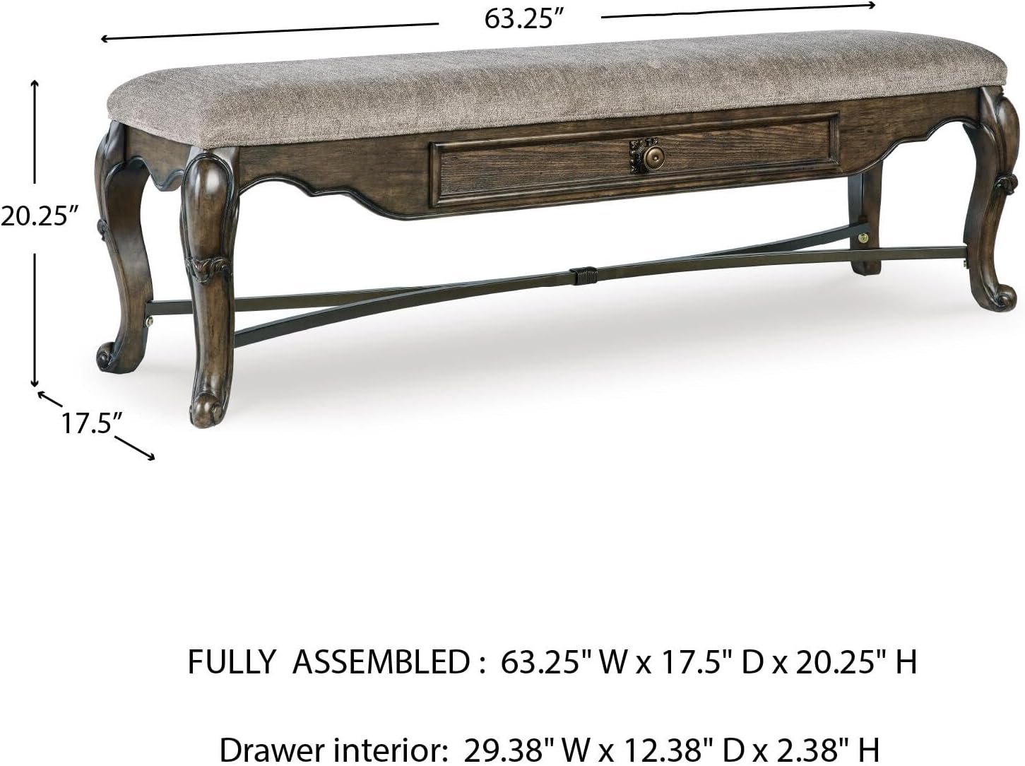 Signature Design by Ashley Maylee Contemporary Upholstered 63" Dining Bench with 1 Drawer, Dark Brown