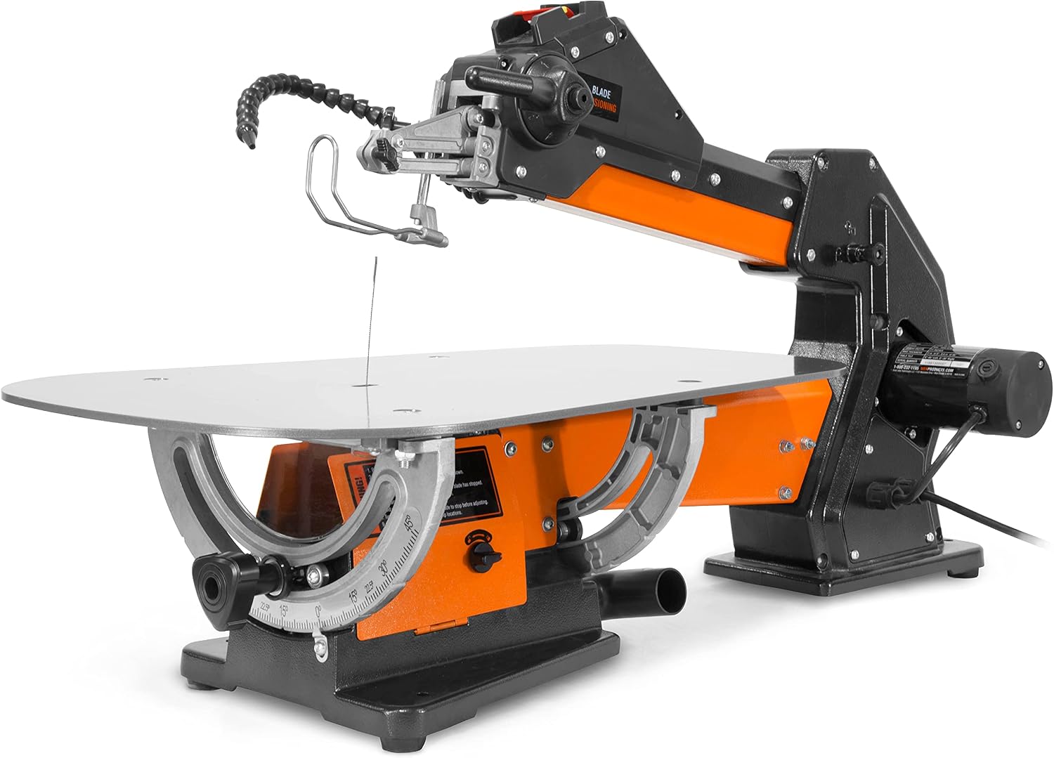 WEN LL2156 21-Inch 1.6-Amp Variable Speed Parallel Arm Scroll Saw with Extra-Large Dual-Bevel Steel Table, Black Orange