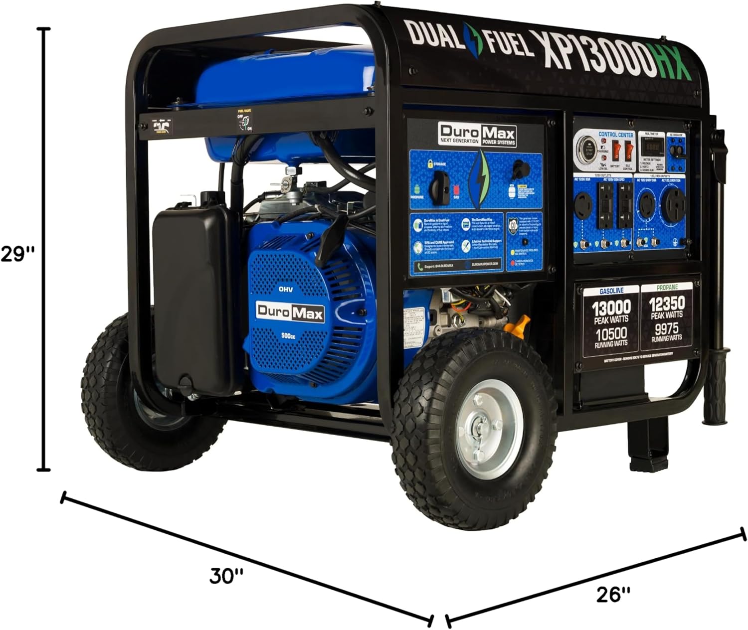 DuroMax XP13000HX 13,000-Watt Dual Fuel Portable Generator - Gas & Propane, Electric Start, Whole Home Power Backup, Transfer Switch Ready, RV & Emergency Ready