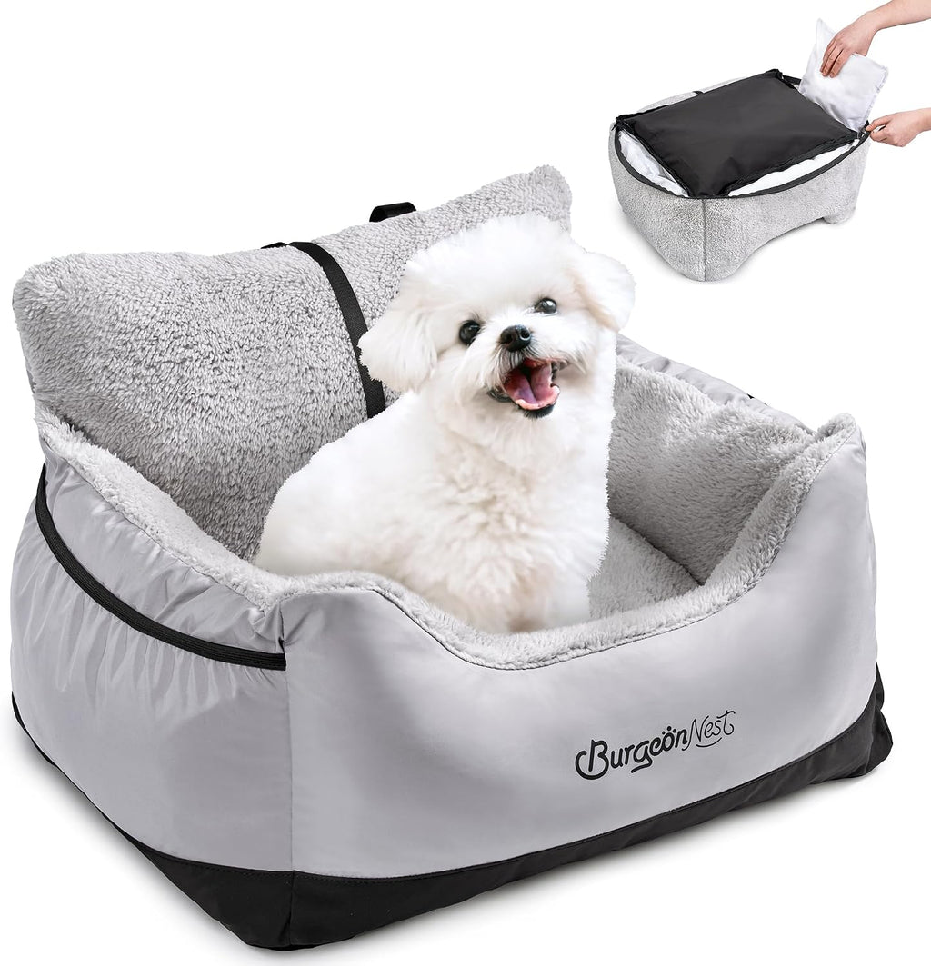 BurgeonNest Dog Car Seat for Small Dogs, Soft Pet Car Travel Home Bed Under 25 lbs, Fully Detachable and Washable Cat Booster Carseats with Storage Pockets and Clip-On Leash Portable Carrier,Black