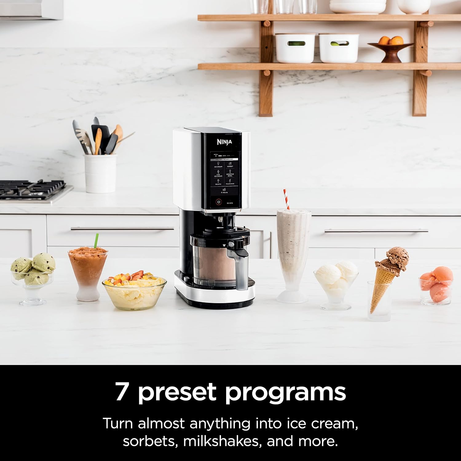Ninja CREAMi Ice Cream Maker, 7 One-Touch Programs, with (2) Pint Containers & Lids, Compact Size, White (NC301WHBBB)