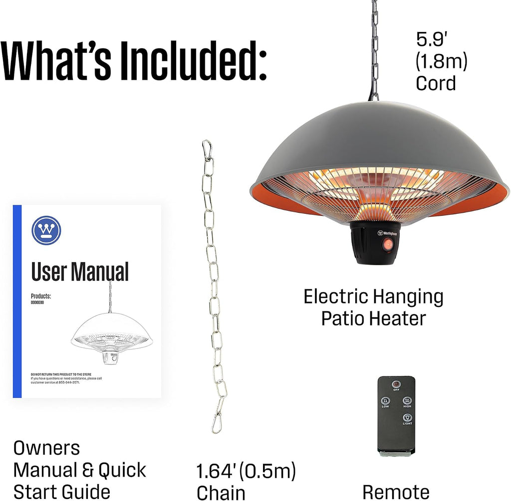 Westinghouse Outdoor Ceiling Patio Heater, Water Resistant, Adjustable Heat Output Up to 1500W, Auto Shut Off Overheat Protection, Hanging Infrared Heater for Patio Cover, Gazebo, & More - Gray